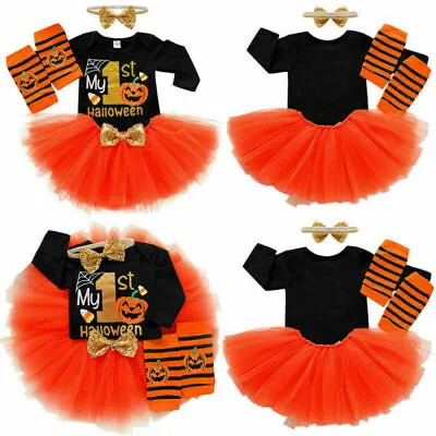 Newborn Baby Girl Kids 1st Halloween Pumpkin Tulle Tutu Dress Costume Outfit Set • £4.99