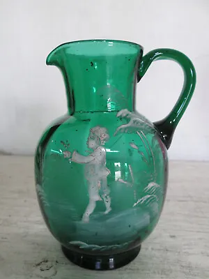 Vintage Mary Gregory 6  Pitcher Hand Painted Pontil Mark Emerald • $74.99