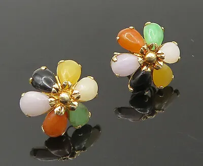 14K GOLD - Vintage Black Onyx & Multi Jade Flower Stud Earrings - GE150 • $252.11