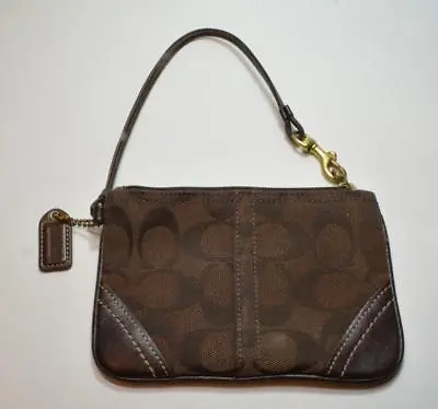 Auth Coach Signature Brown Mid Size 6  Fabric Wristlet Wallet Cell Phone Holder • $44.99