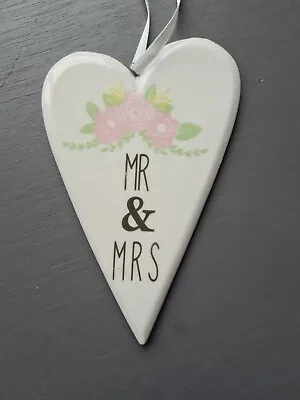 Porcelain Wedding Hanging Heart Shape Gift Decor Plaque Mr & Mrs Sign Tag Love  • £2