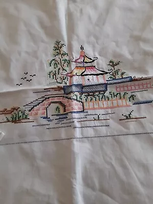 VINTAGE HAND EMBROIDERED TABLECLOTH - CROSS STITCH With Napkins Oriental Theme • $18.67