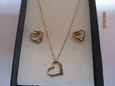 9ct Gold Diamond Heart Pendant Necklace And 9ct Gold Earrings Set Boxed • £59