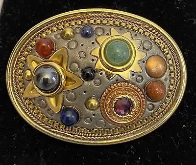 Vintage Signed Michal Golan Oval Brooch Pin Pendant Multicolor Cabochon Jeweled • $28.95