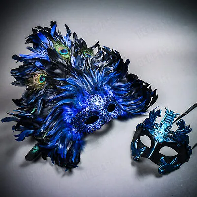 Venetian Couple Party Men Emperor & Women Side Peacock Feather Blue Face Mask • $50.90