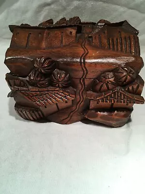 3D Vintage Asian Hand Carved Wood Jewelry Trinket Box Buildings Trees Landscape • $35