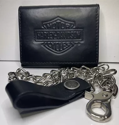 Vintage Harley-Davidson® Black Leather & Chain Tri-Fold Wallet With Logo • $49.99