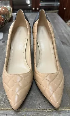 Marc Fisher Caitlin Quilted Pointed Toe Pump Block Heels Beige Leather Women 10 • $30