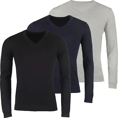 Mens V Neck Jumper Regular Fit Soft Cotton Pullover Knitted Plain Sweater Top • £7.99