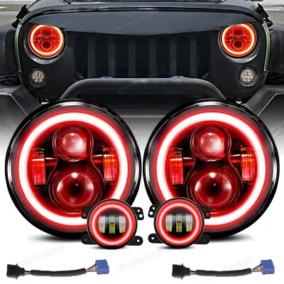 $119.99 • Buy Red 7  LED Halo Headlights + 4  Fog Lights Combo Kit For Jeep Wrangler JK JKU