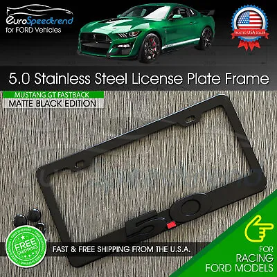 Black 5.0 Matte Black License Plate Frame Logo Front Or Rear 3D Cover Mustang GT • $24.25