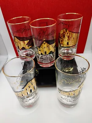 Set Of 7 Vtg MCM Barware Drinking Glasses Different Missions In California Gold • $29.99