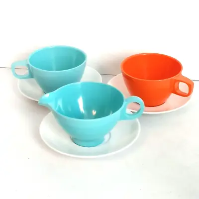 Mallo-Ware Lot  2 Cups #37 3 White Saucers #55 1 Teal Creamer Vtg Melamine EUC • $18