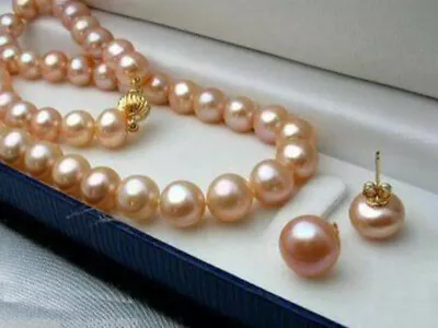 Genuine Natural Pink Akoya Cultured Pearl Necklace Earrings Set 18'' AAA • $16.99