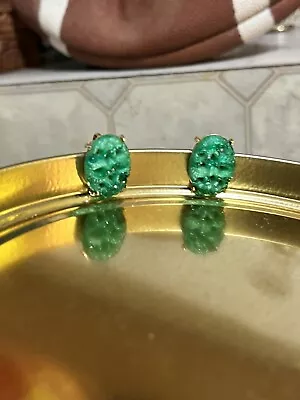 Vintage Estate 1968 Gold Plated Jade Stones Earrings Clip On • $0.99