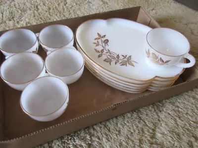 Vintage Federal Glass Gold Clover & Leaves 10pc Milk Glass Snack Set + Extra Cup • $24.95