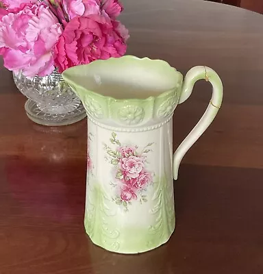 £7 • Buy Antique Victorian Large Tall Ceramic Water/wash Jug. Green With Roses