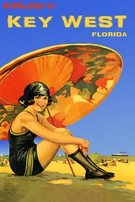 Enjoy Key West Beaches Sand Sun Umbrella Travel Us Vintage Poster Repro FREE S/H • $17.90