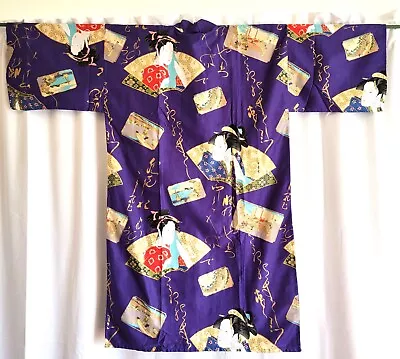 NEW JAPANESE Cotton Yukata KIMONO ROBE Purple With GEISHAS Fans & Landscapes • £40.54