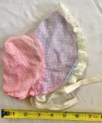 Vintage Pink And Blue Swiss Dot Baby Bonnet Hat For Medium Doll Big Brim Ruffle • $10.85