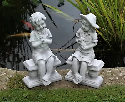 Garden Ornaments Boy & Girl Cherub Statue Decor Ceramic Decoration Large Grey • £38