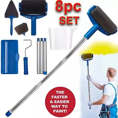 🔥8pc Paint Roller Fillable Brush Seamless Roller Tray Set Extendable Pole Decor • £13.95