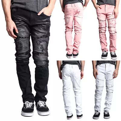 Victorious Men's Faded Zipper Cut Distressed Denim Biker Jeans DL1088 • $29.95