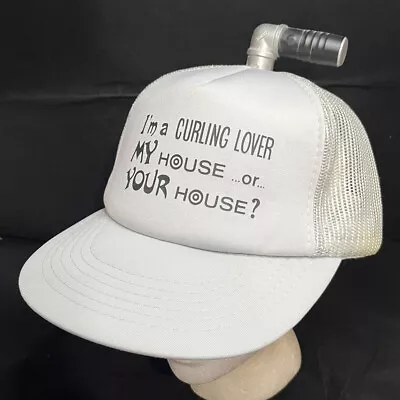 Vtg Curling Rock Stone Lover Mesh Trucker Snapback Hat Novelty Joke My House Cap • $29.43