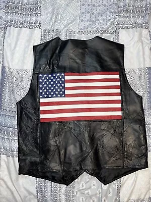 Vtg Black American Flag Leather Vest By Intro 3XL Made In America Embroidered • $30