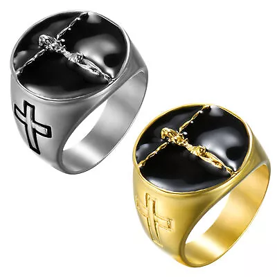 Men Stainless Steel Christian Prayer Jesus Cross Crucifix Ring Band Size 8-13 F • $10.99