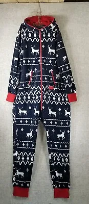 Tipsy Elves Fleece Union Suit PJs Fair Isle Reindeer One Piece Hood Navy Mens XL • $18