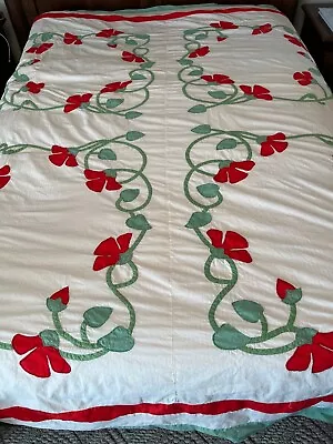 Vintage Muslin Quilt Top W Appliqued Red Flowers & Green Leaves 85  X 75  • $40