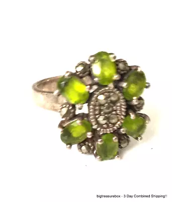 Vintage Ring MARKED 925 STERLING SILVER Size 8 Marcasite Green Jewelry Lot Y • $6.50