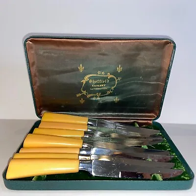 Sheffield Peeredge Steak Knives Forever Sharp Regent 8 Bakelite Stainless W Case • $40