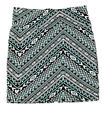 Black Aqua Blue Turquoise White Aztec Tribal Chevron Print Mini Skirt Small S • $11.90