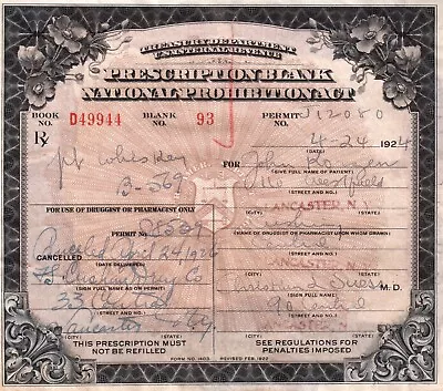 Antique 1926 Prohibition Prescription Whiskey Pharmacy Bar Doctor Suess New York • $85