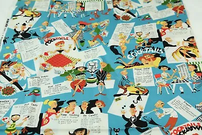 1Y + Michael Miller Kitschy Cocktails Blue Novelty Print Fabric Retro Cotton • $9.80