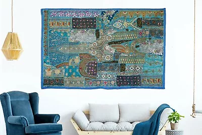 Indian Heavy Hand Embroidered Wall Hanging Vintage Zari Patchwork Beads Tapestry • $82.50