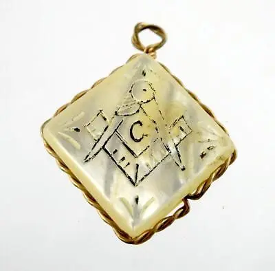 Vintage Freemason Mother Of Pearl G Compass Pendant Goldtone Metal Etched GOOD • $48.88