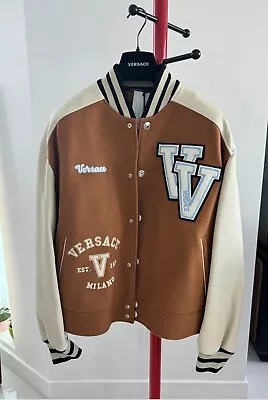 Versace Mens Tan & Off-White Varsity Down Mens Bomber Jacket • $1870