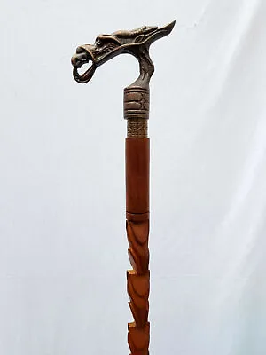 Vintage Aluminium Head Dragon Handle Walking Stick Wooden Designer Brown Cane  • $42