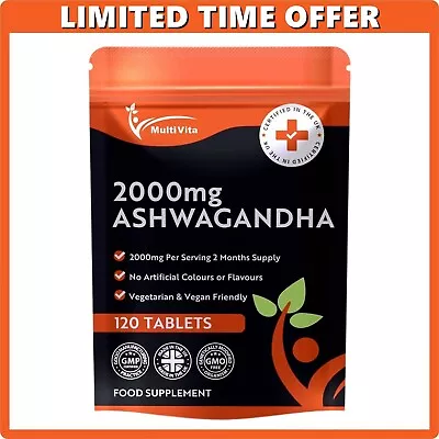 Ashwagandha 2000mg  120 Vegan Tablets Pure Root Extract High Strength Supplement • £4.99