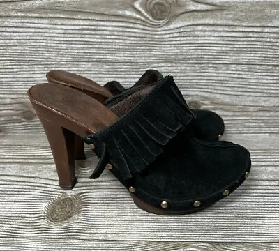 Vintage 90s Y2K Candies Suede Fringe Leather Platform Heel Clogs Women's Size 6 • $38.25
