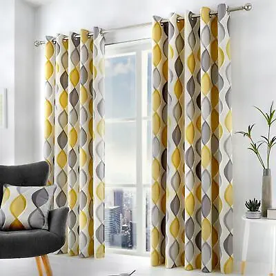 Geometric Eyelet Curtains Lennox Ready Made Lined Ring Top Curtain Pairs • £54