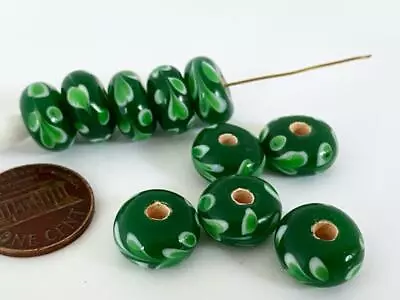 Vintage 7 X 12mm Green Flourish Lamp Work Glass Beads 10 • $5