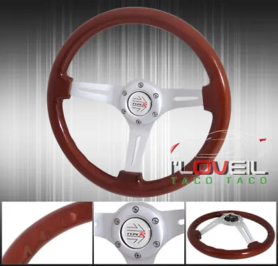 345mm Light Wood Grain Chrome 3 Spokes Steering Wheel + Jdm Button Horn • $65.99