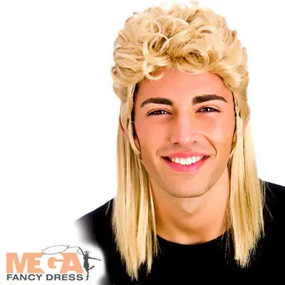 80s Blonde Mullet Wig Mens Fancy Dress Rock Star 1980s Adults Costume Accessory • £10.99