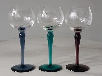 Set Of 3 Vintage Vine Etched Coloured Stem Wine Glasses  • £12