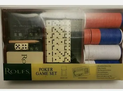 Rolf Poker Game Set : Cards Chips Money Clip Mini Craps Mat Cherry Wood Box • $18.95