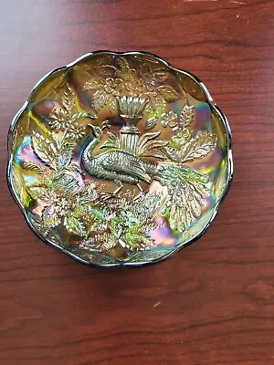 Green Millersburg Carnival Glass Peacock Pattern Small Ice Cream Bowl No Bee • $200